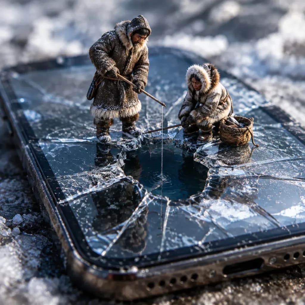 Miniature Inuit Fishing on Cracked Smartphone
