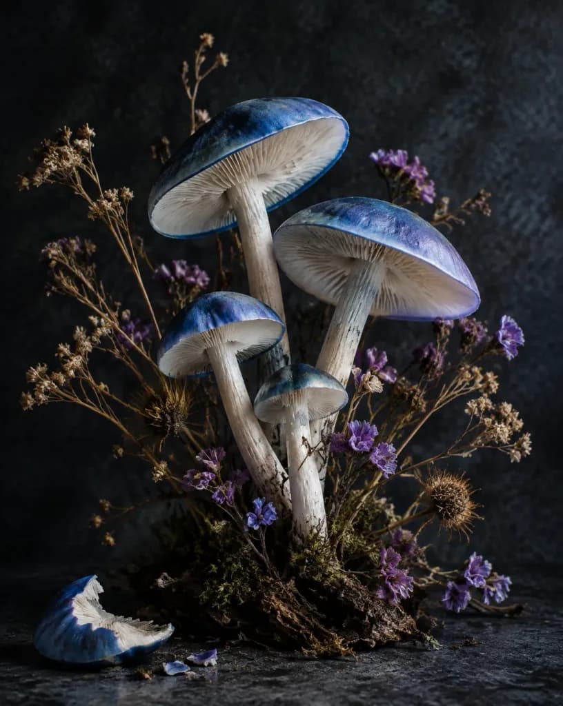 Moody Mushroom and Wildflower Still Life