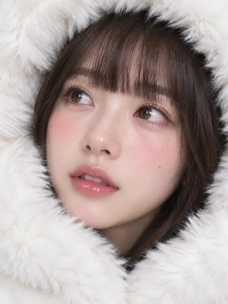 인조 모피 후드를 쓴 동아시아 여성