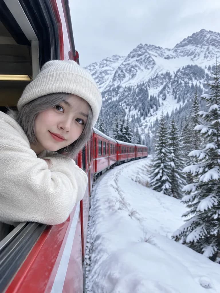 雪國紅色列車窗邊人像