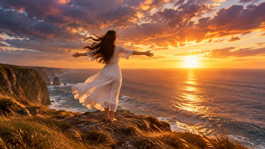 Woman on Coastal Cliff at Sunset