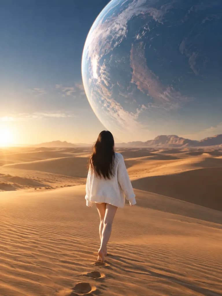 Woman Walking in Desert Under Sky Planet