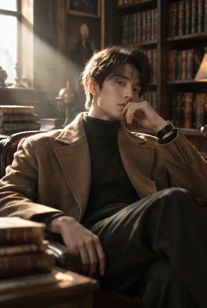 빈티지 도서관의 시네마틱 패션 포트레이트