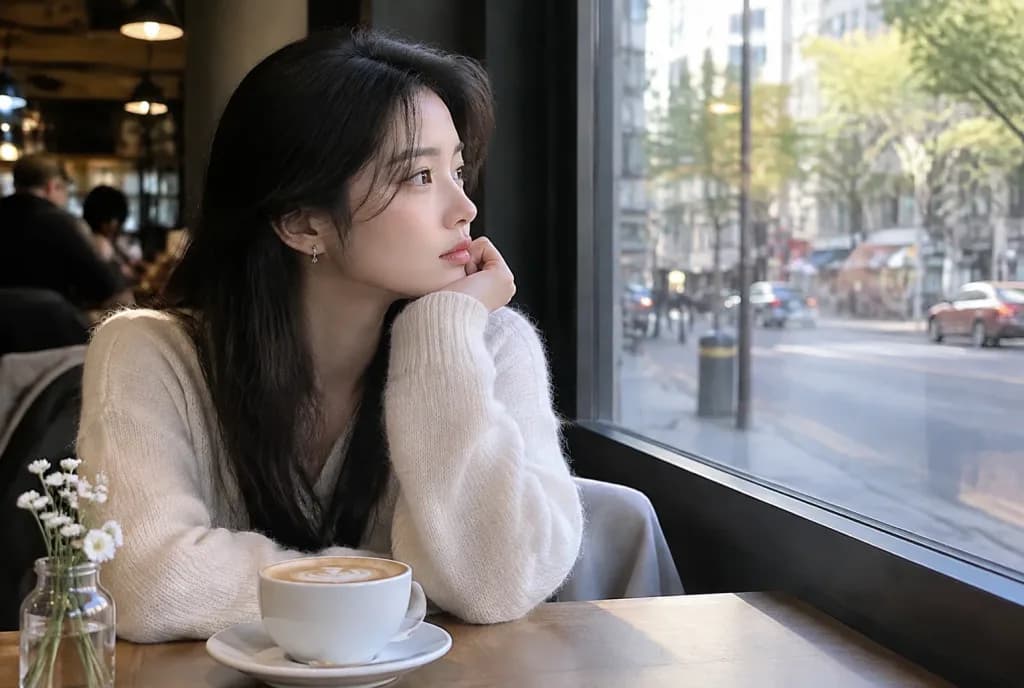 Reflective Woman in Urban Café