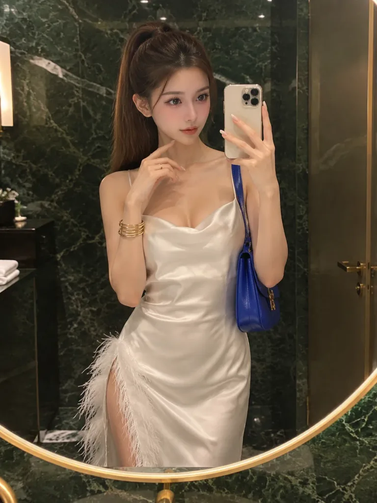 Luxury Bathroom Mirror Selfie in Silk Dress