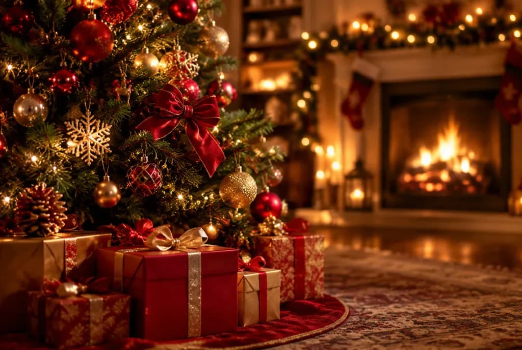 暖炉のそばの温かなクリスマスツリー