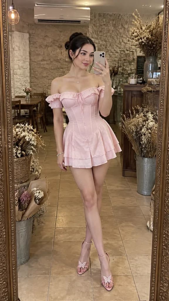 Selfie miroir en pied dans un café