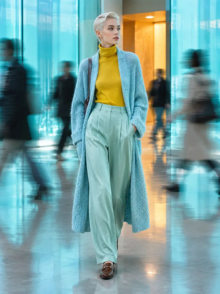 Moda Editorialna w Nowoczesnym Neonowym Korytarzu