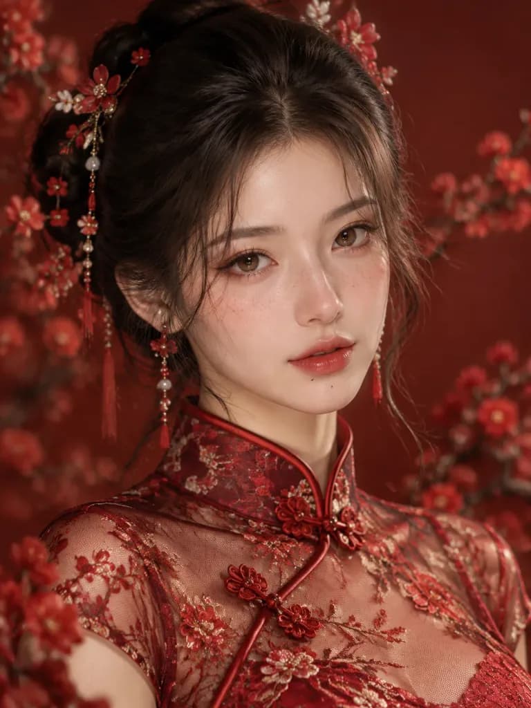 Portret Studyjny w Zdobionym Czerwonym Qipao