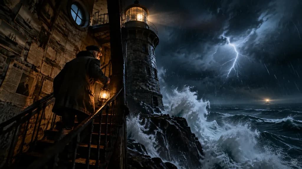 Solitary Lighthouse Keeper in Midnight Storm