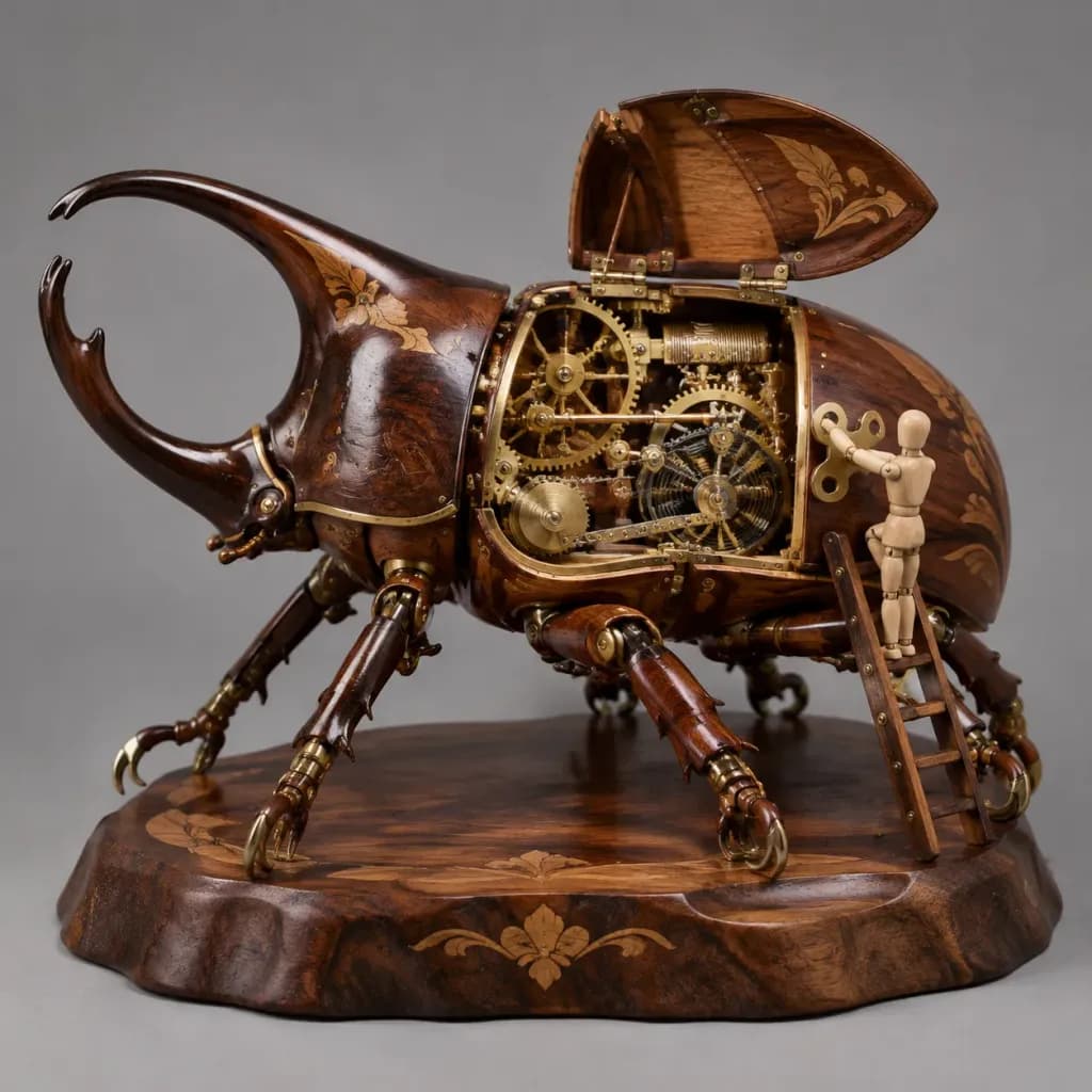 Escultura autómata cinética woodpunk de relojería