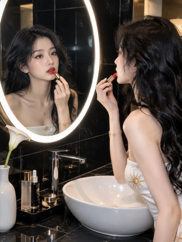 หญิงสาวทาลิปสติกหน้ากระจกในห้องน้ำสุดหรู