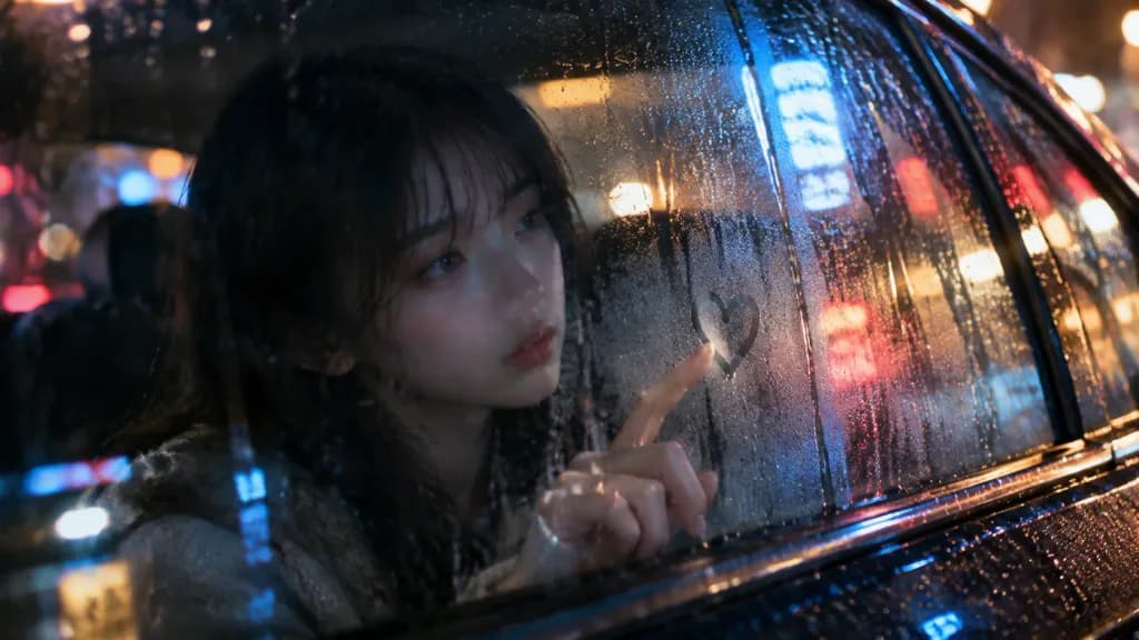 비 내리는 밤 차창 속 멜랑콜리 인물 사진