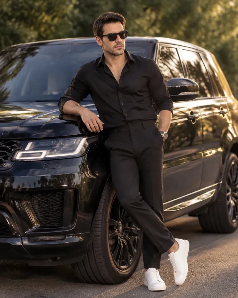 블랙 럭셔리 SUV 앞 패션 에디토리얼 화보