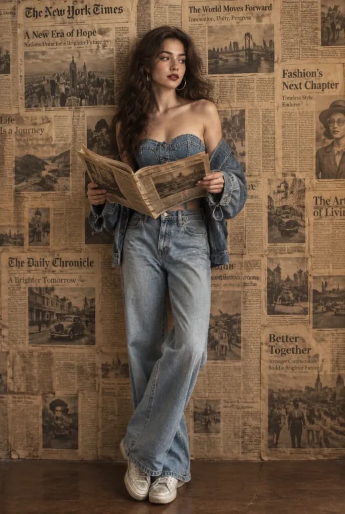 Editorial Denim Portrait with Vintage Newspaper