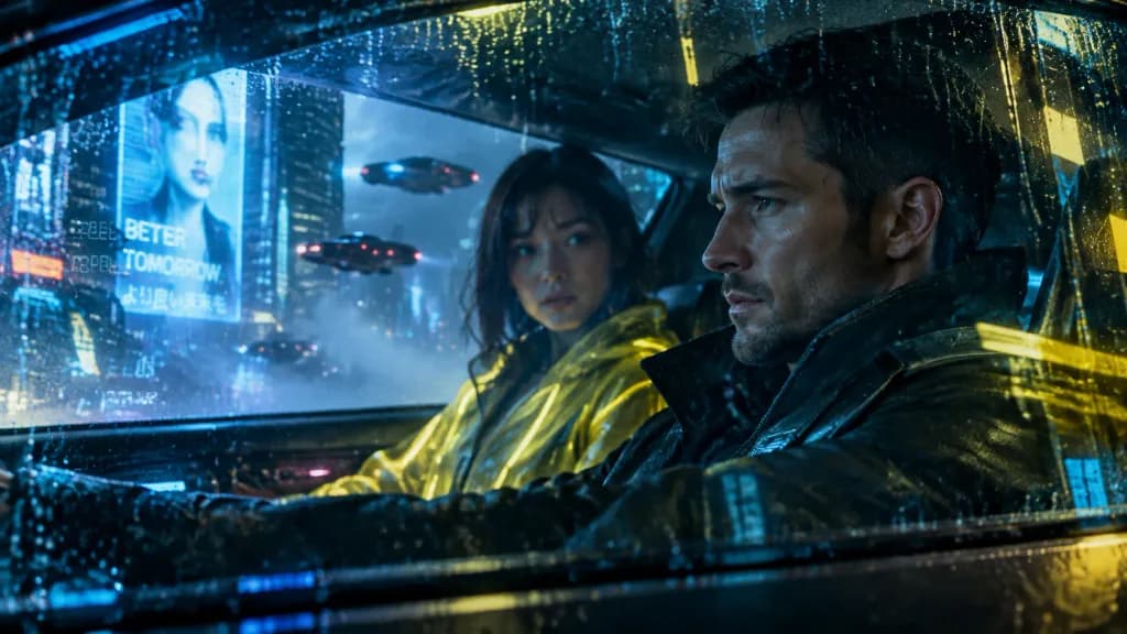 Cyberpunk Detective in Rainy Vehicle