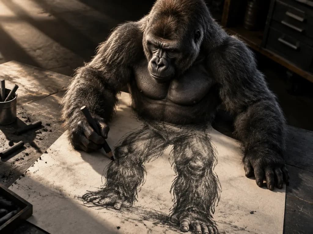 Gorilla Emerging From Charcoal Drawing