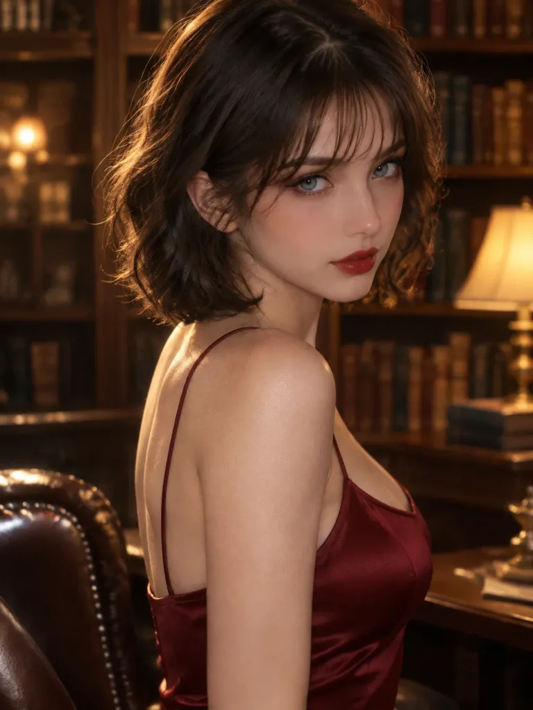 Red Dress Portrait in Vintage Library