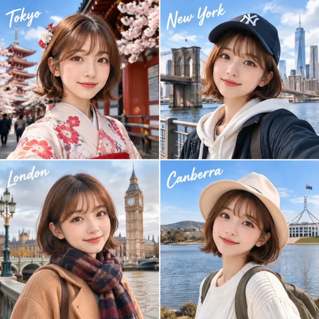 Colagem de Retratos de Viagem em Quatro Cidades