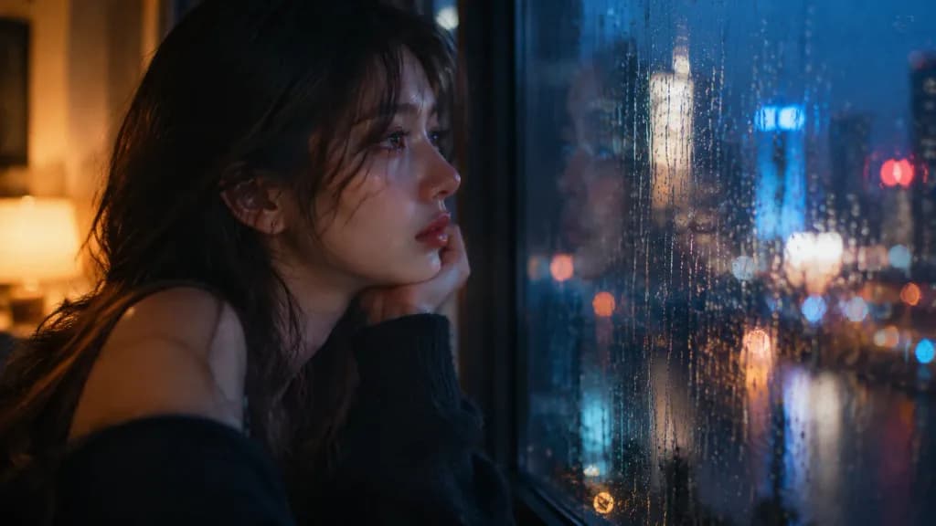 Rainy Window Melancholy Cinematic Portrait