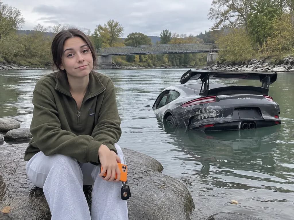水没したスポーツカーの傍らで佇む女性