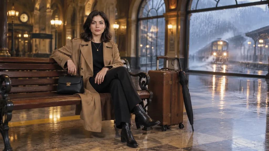 Donna in Attesa alla Stazione Piovosa