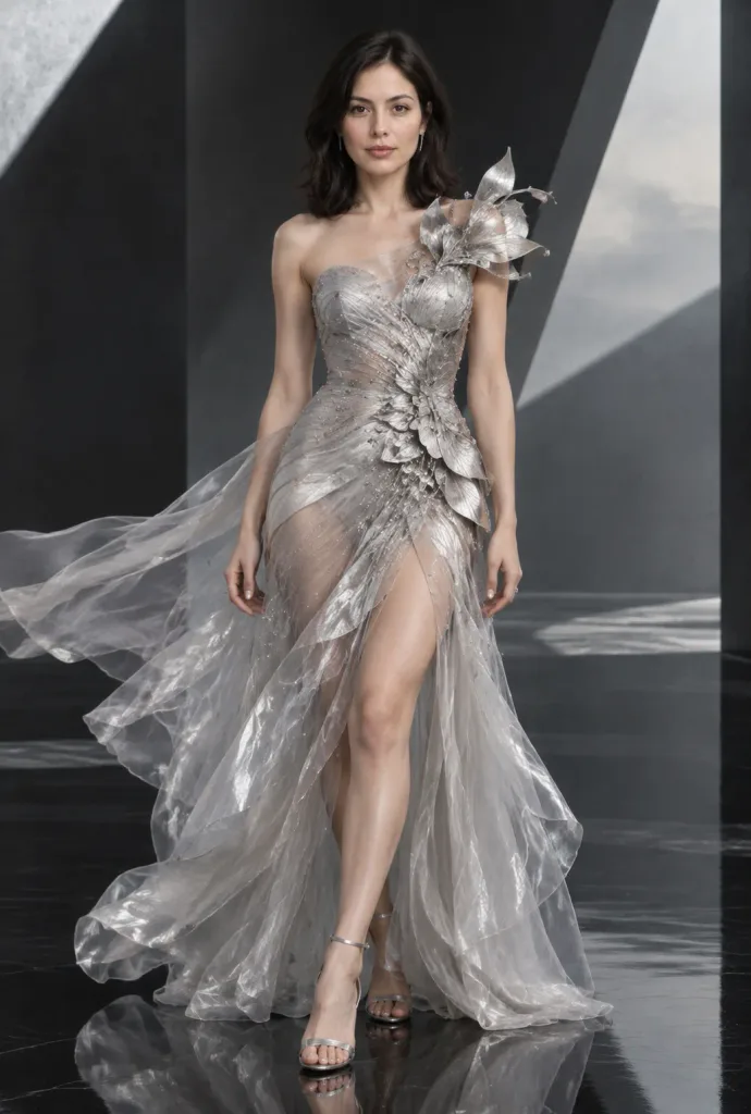Full-Body Haute Couture Silver Gown Editorial