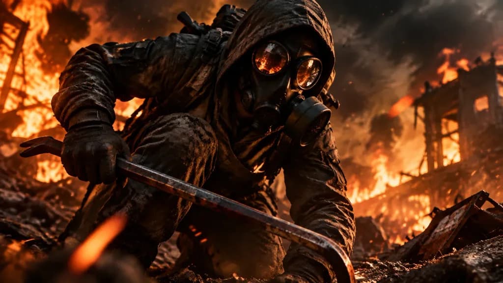 Post-Apocalyptic Masked Survivor on Burning Battlefield