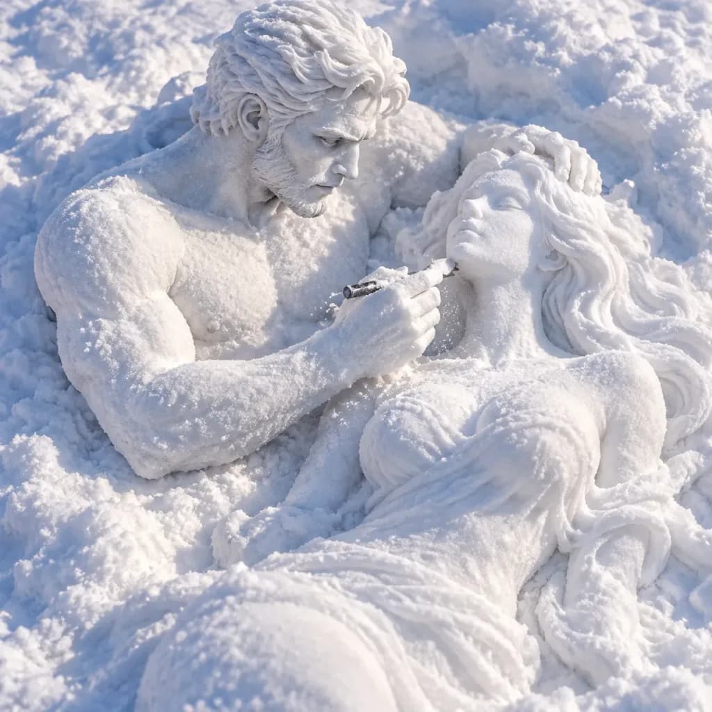 Snow-Sculpted Artist Carving in Snowdrift
