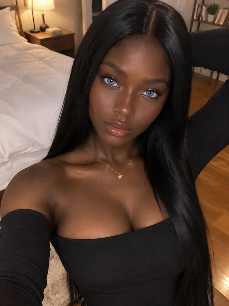 Deep Black Skin Bedroom Selfie Portrait