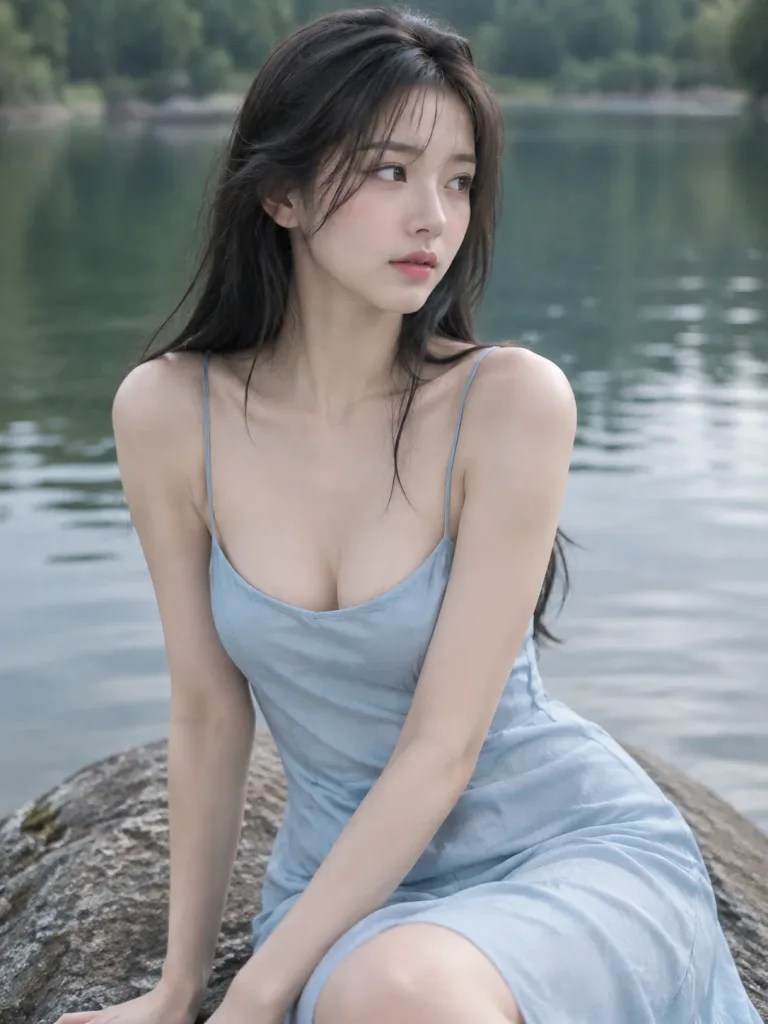 湖畔の岩に座る静謐なポートレート