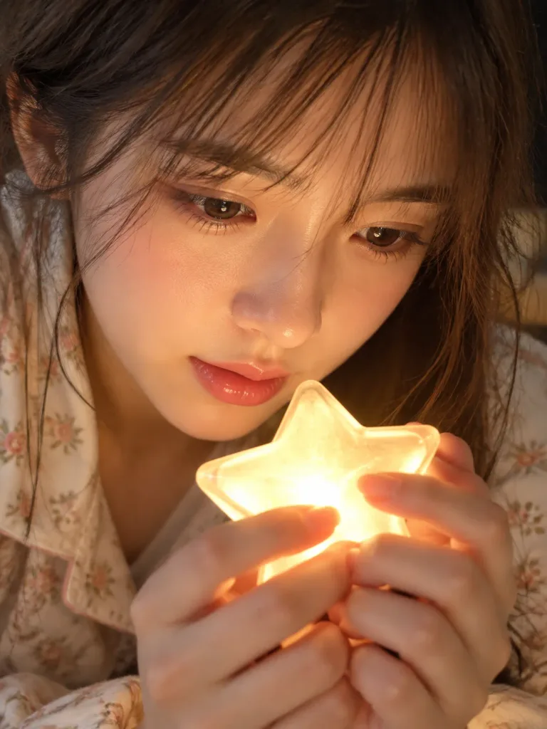 手捧发光星形夜灯的女子