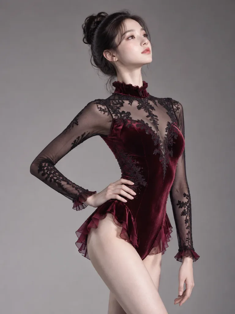East Asian Skater in Burgundy Velvet Leotard