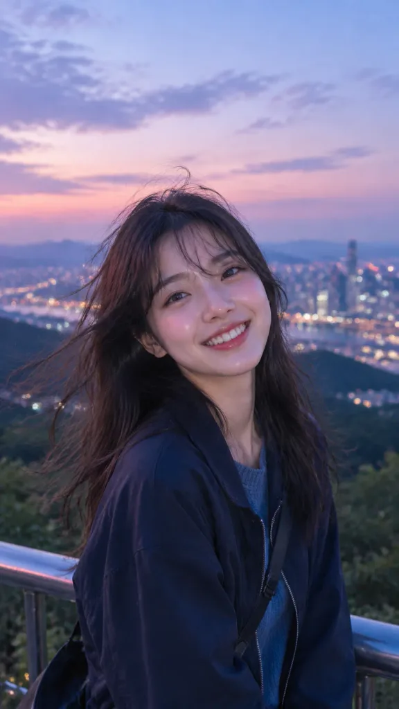 暮色山頂微笑女性電影感肖像