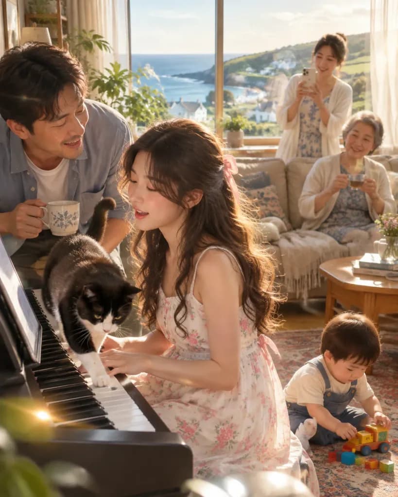 海辺のリビングでの家族のピアノ演奏風景