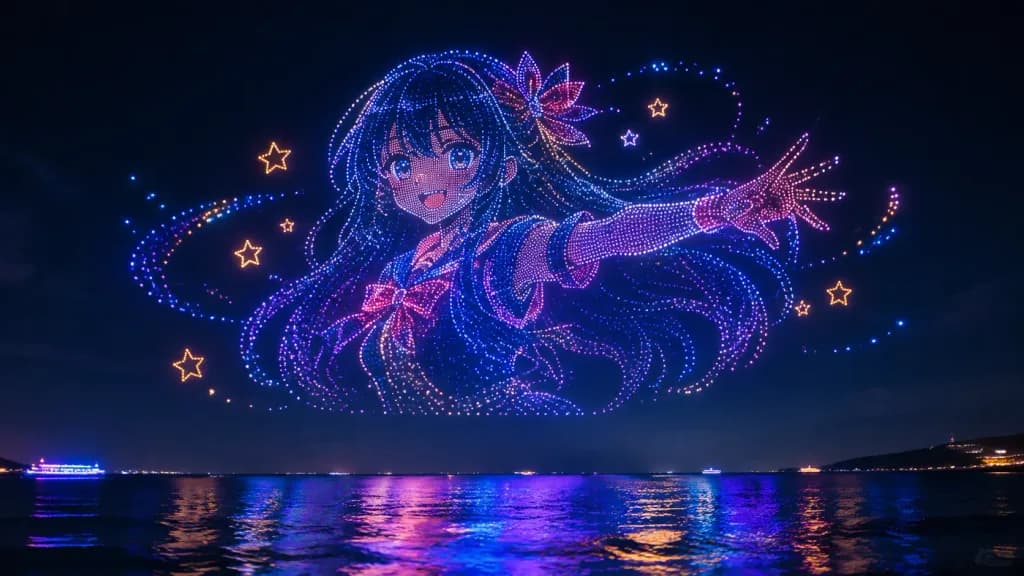 夜の海上のドローンライトショー