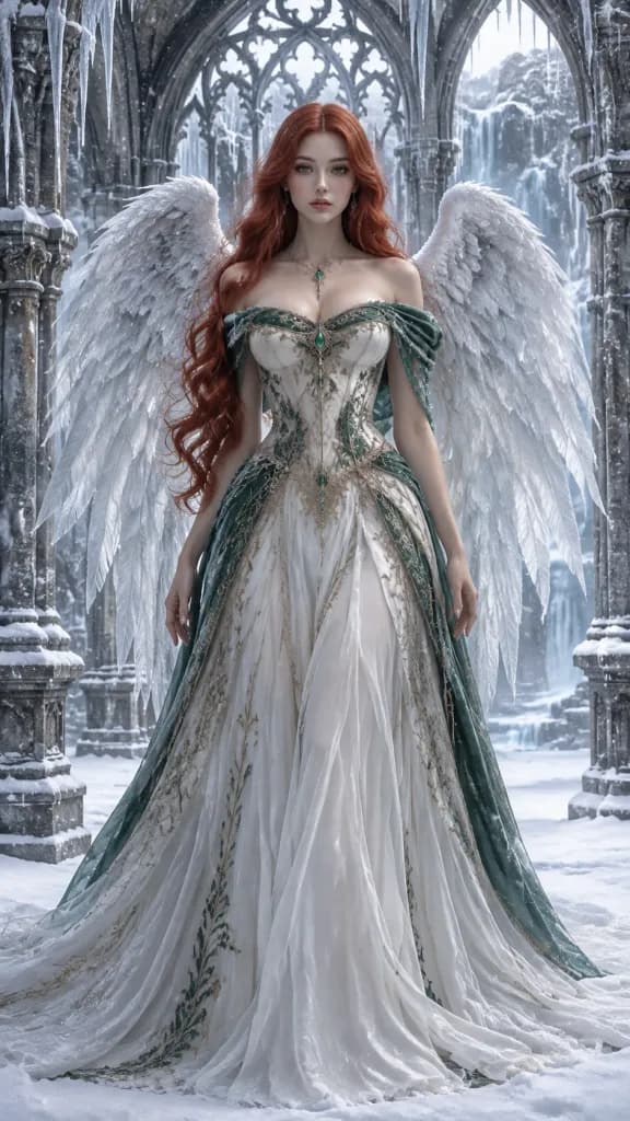 Winged Sorceress in Frozen Gothic Cloister