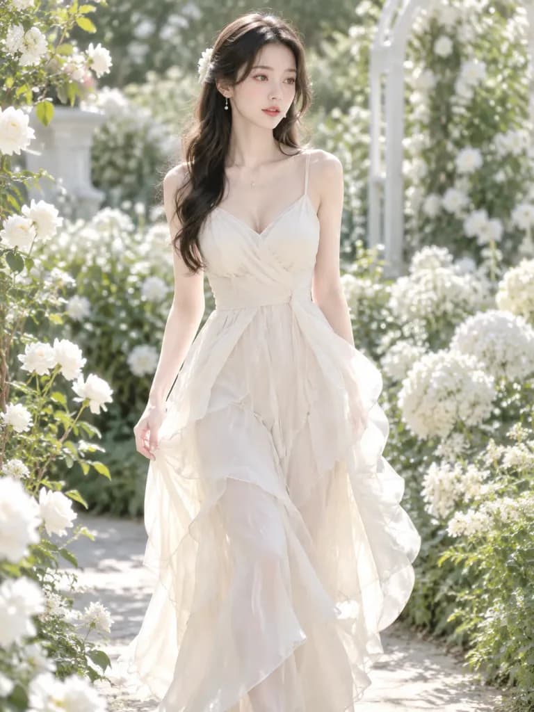 Woman in Chiffon Gown Walking Through Garden