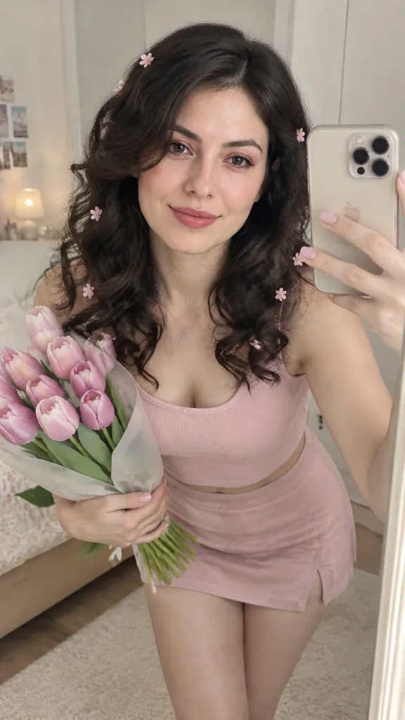 Coquette Mirror Selfie with Pink Tulips