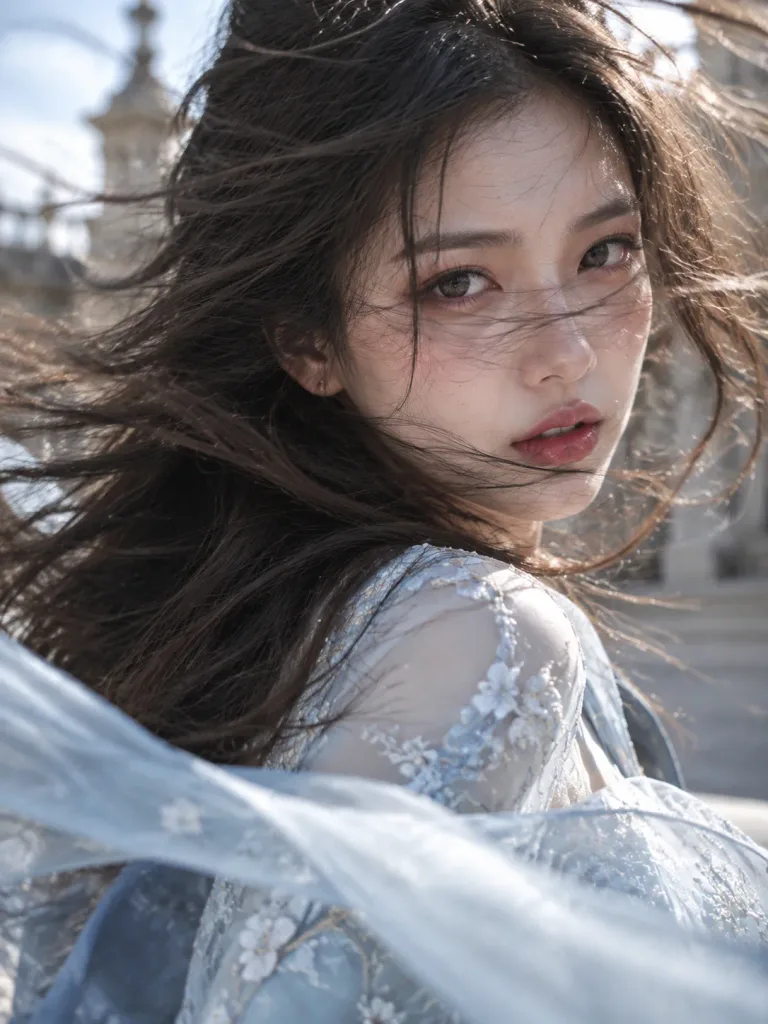바람에 흩날리는 시네마틱 클로즈업 초상