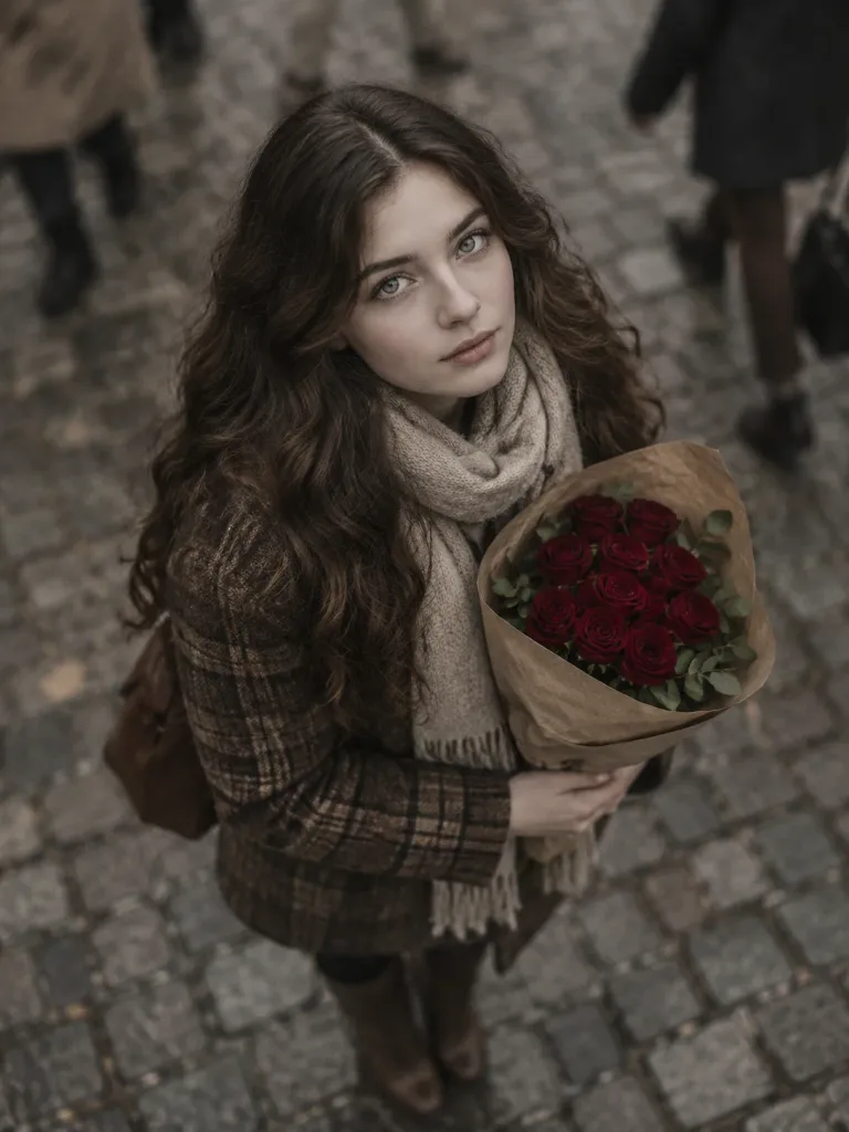 Young Woman with Roses on Cobblestone Street