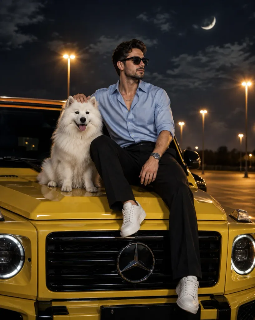 Portrait de Mode Nocturne avec SUV et Chien