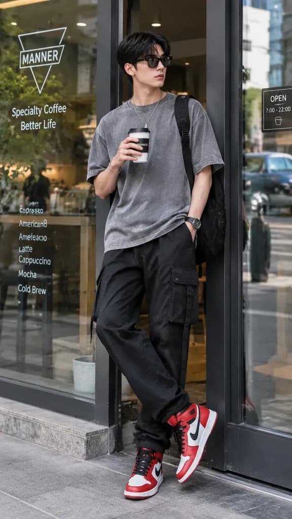 Urban Streetwear Young Man at Modern Café
