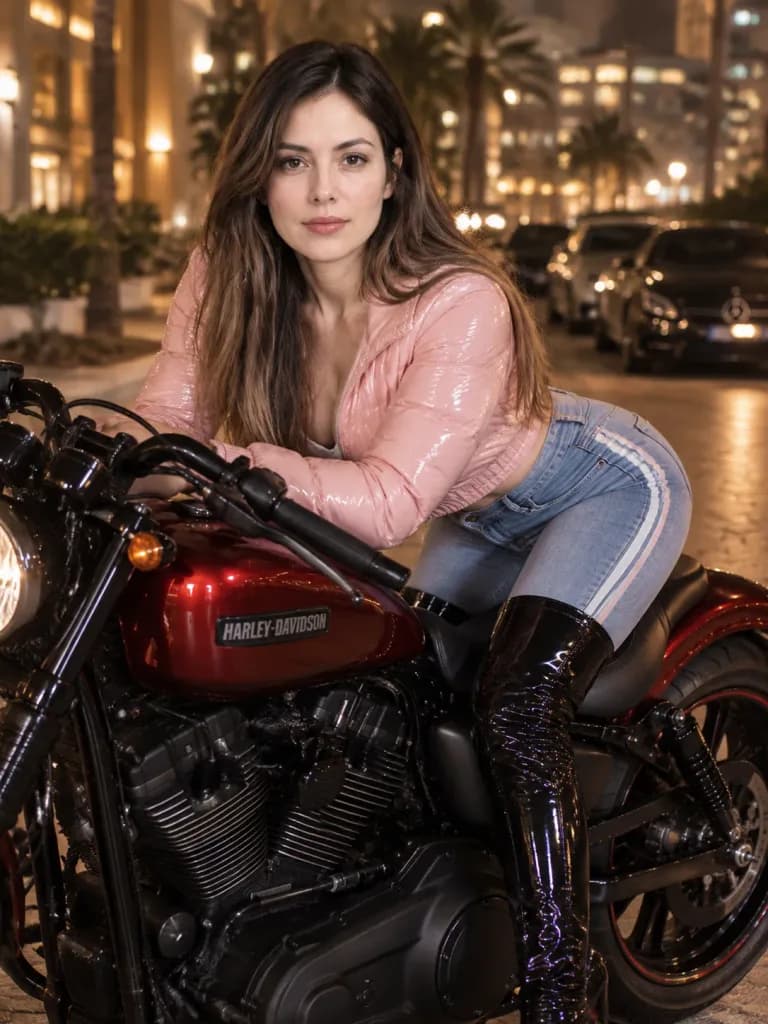 Эффектная девушка на красном Harley