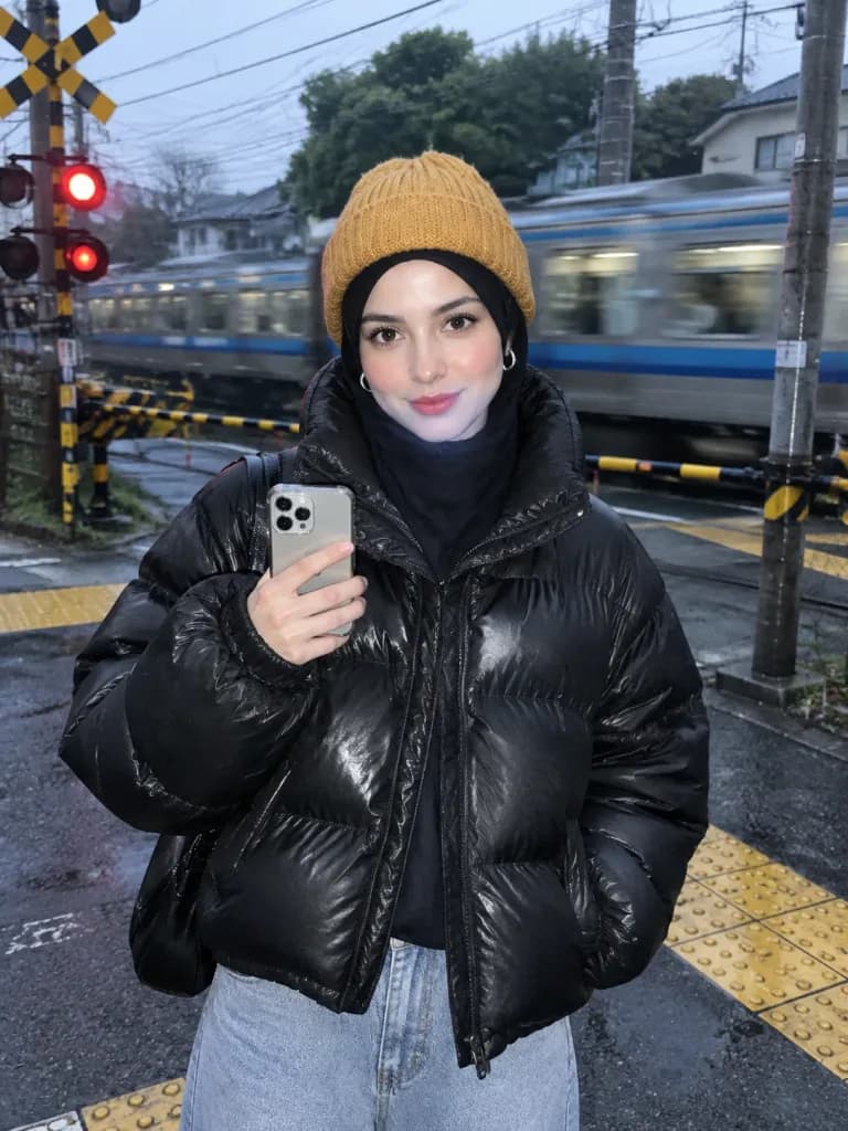 郊外の踏切での直焚きフラッシュポートレート
