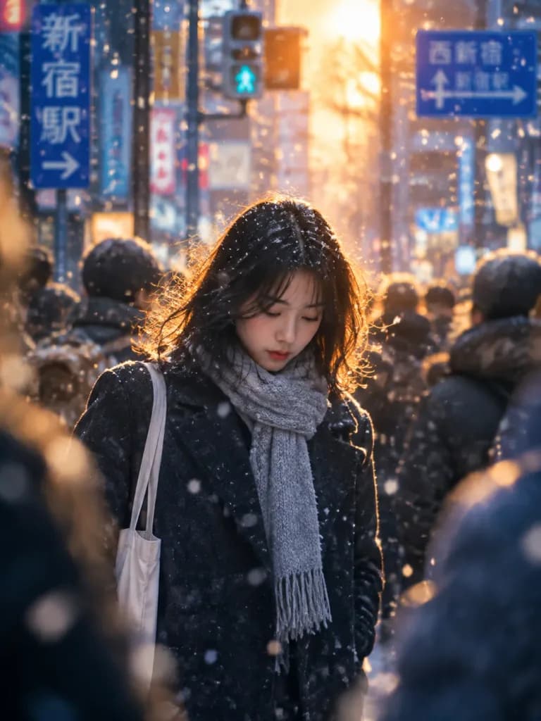 雪夜街头的独行女子