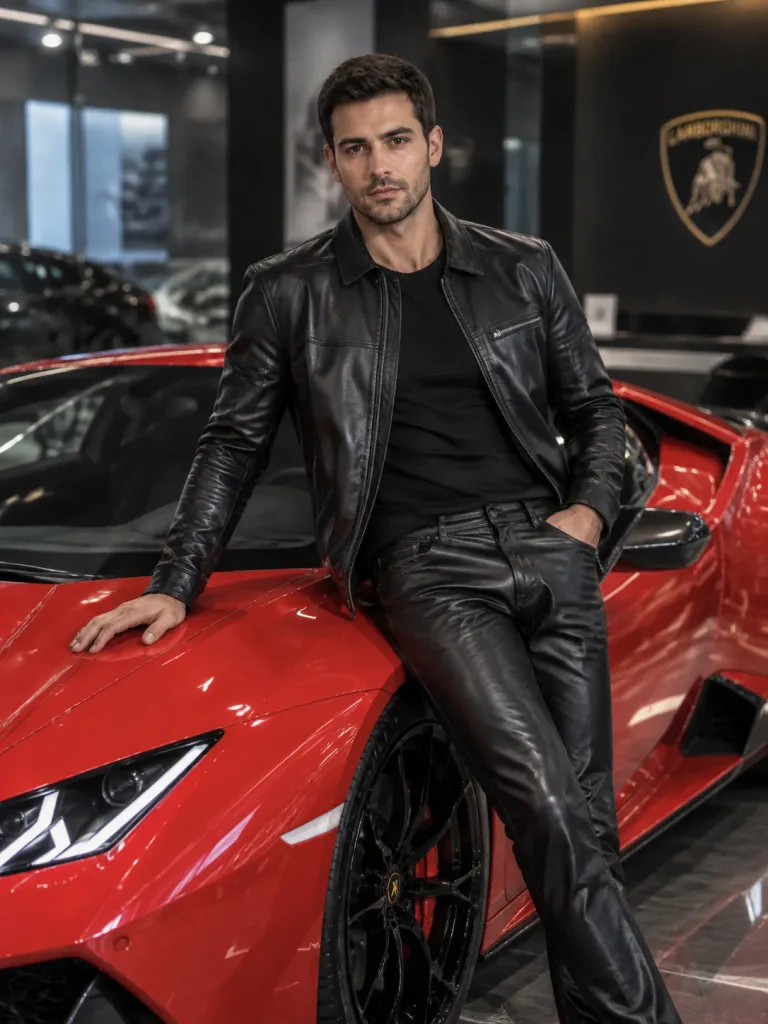 Man Posing Beside Red Supercar