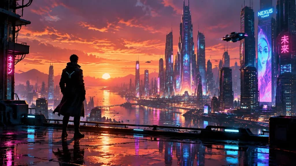 Futuristic Cyberpunk Cityscape at Sunset