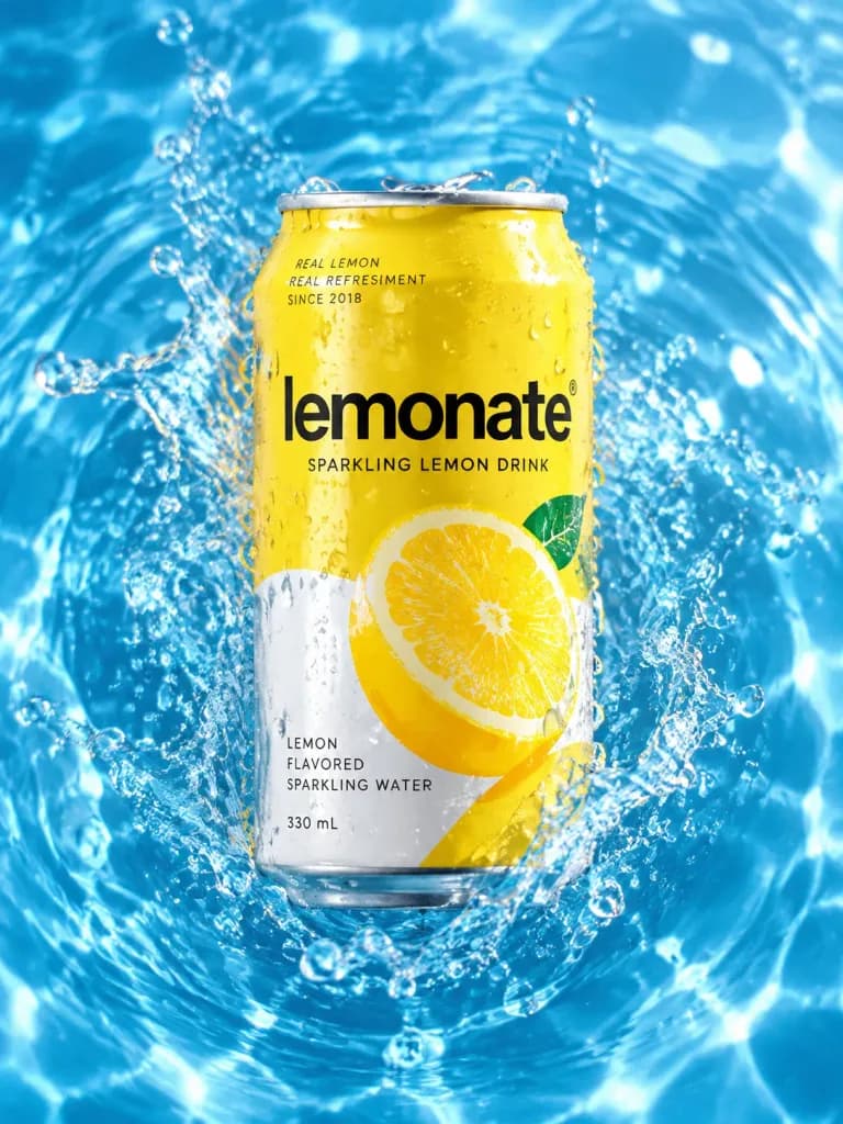Kaleng Soda Dingin di Air Biru