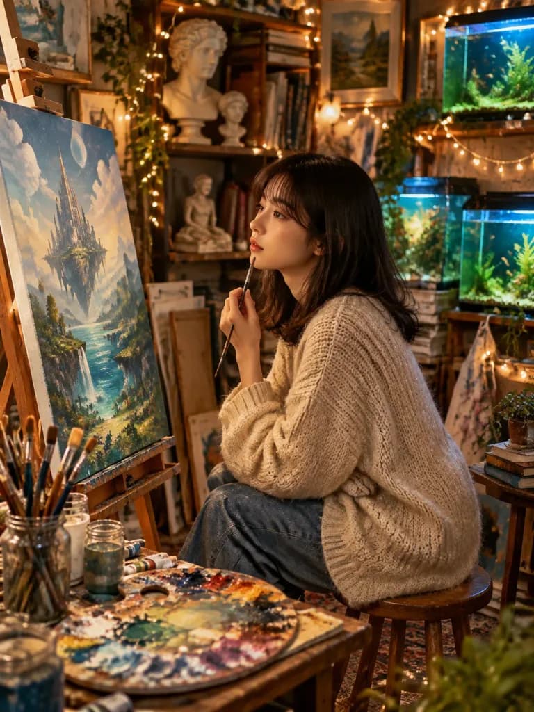 溫馨畫室中沉思的女畫家